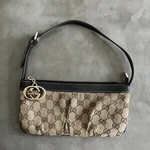 Gucci GG Brown Beige Gold Canvas Leather Shoulder Handbag-Excellent Very Rare!